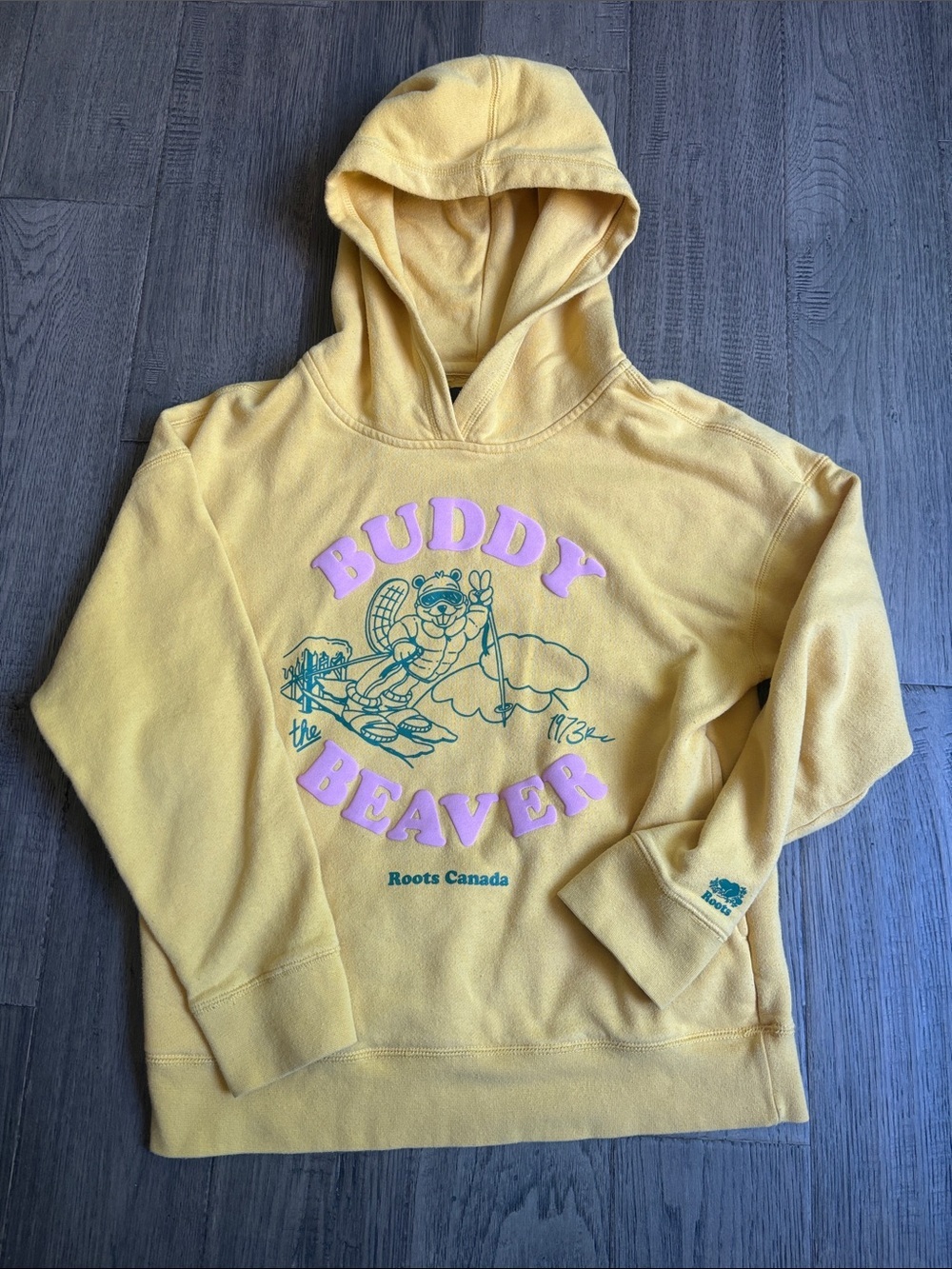 Roots | Vintage Yellow Hoodie with 'Buddy the Beaver' Graphic Size Large 9-10YRS